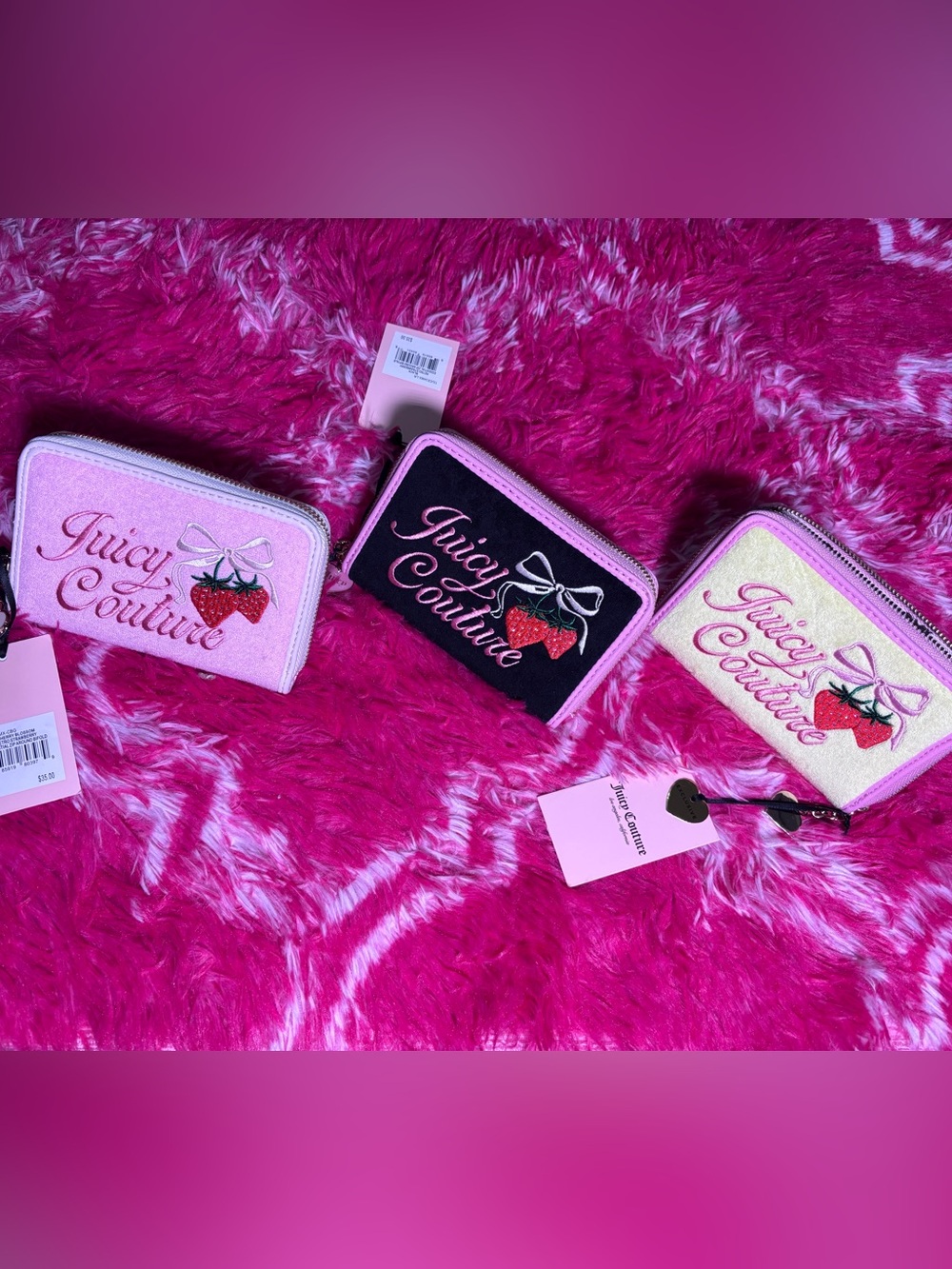 Juicy Couture Strawberry Logo Zip Card Holder wallets NWT! Pink, black, yellow
